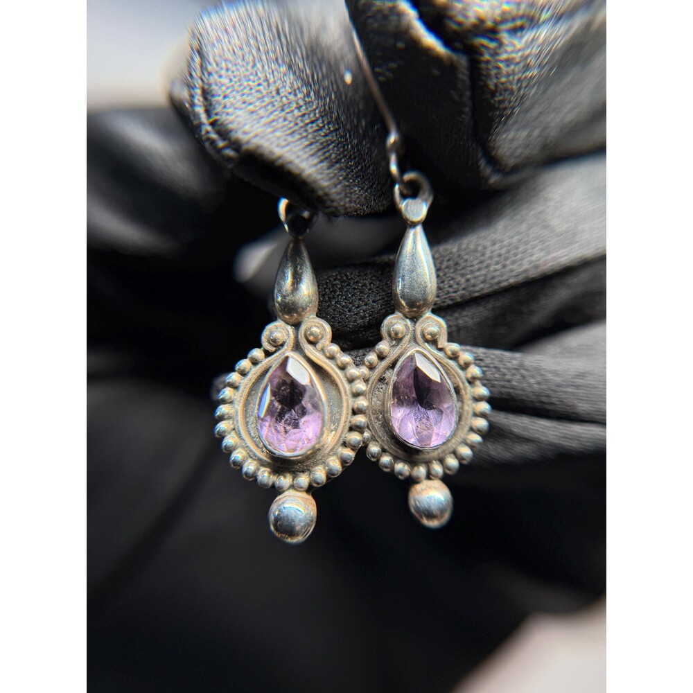 Sterling Silver Amethyst Dangle Earrings Teardrop Faceted Ornate 925